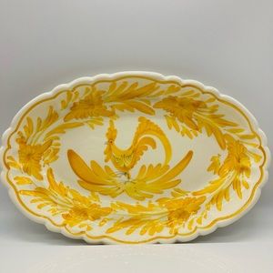 Vintage Greek Hand-painted Ceramic Yellow & White Rooster Oval Serving Dish